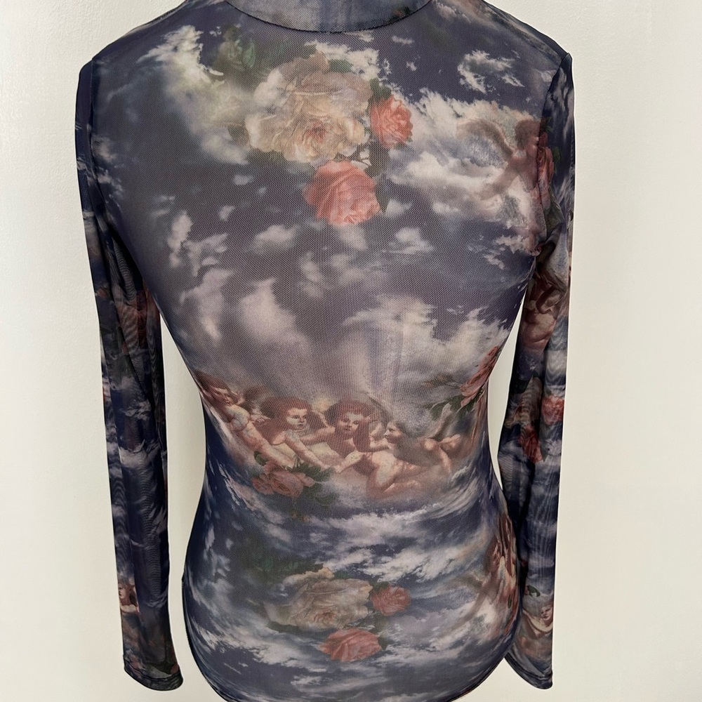 Sweetlilac mesh Stylish Blue and White Patterned top